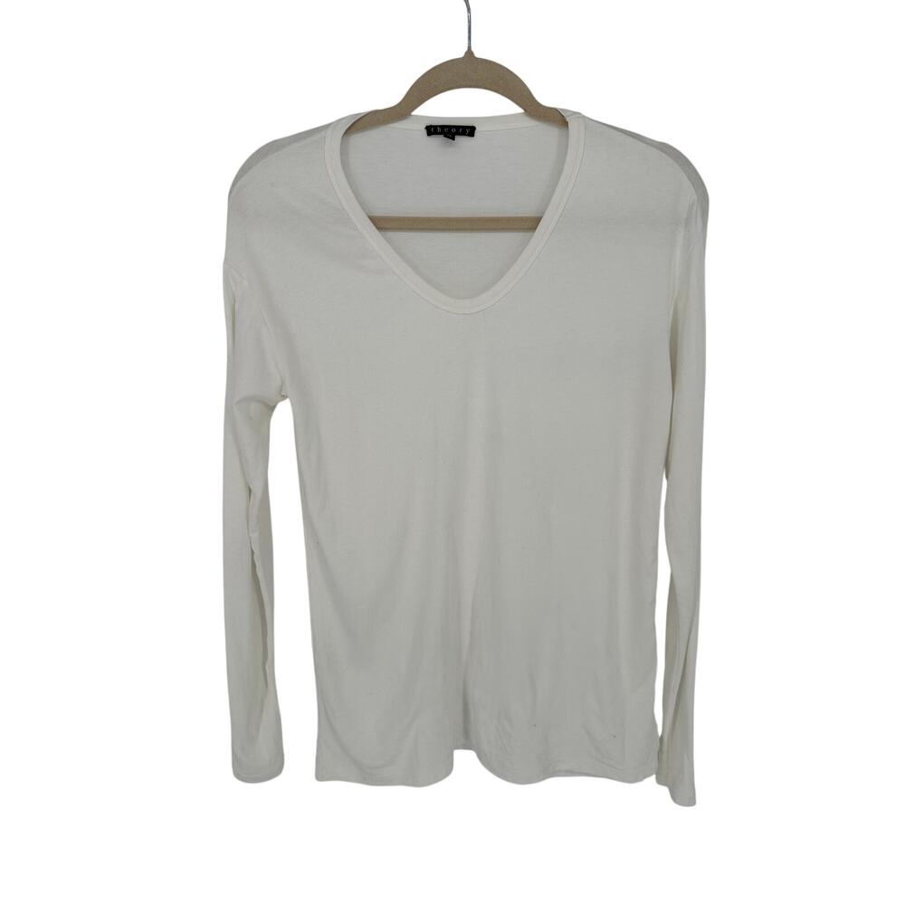 Theory‎ White V-Neck Top Long Sleeve Tee Viscose Poly Stretch Layering Womens S